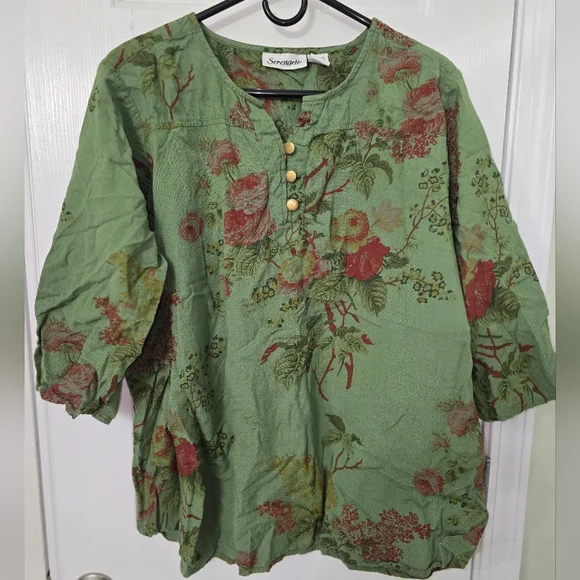 Womens 1X 3/4 Sleeve Top 100% Cotton Green - Picture 1 of 2